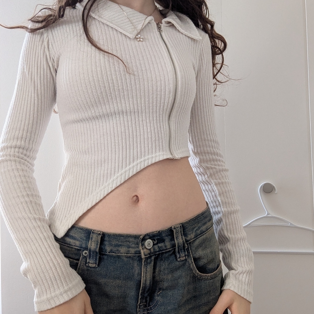 White Ribbed Zip-Up Sweater
